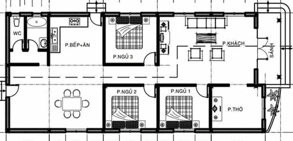 3 bản vẽ nhà ống 1 tầng 3 phòng ngủ tiện ích cho mọi gia đình