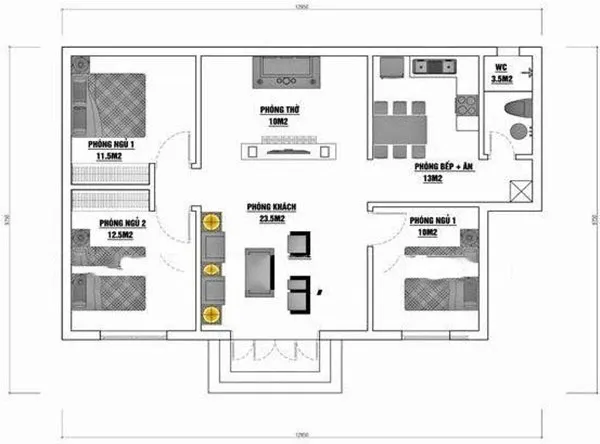 Các mẫu nhà cấp 4 3 phòng ngủ 1 phòng thờ đầy tiện nghi