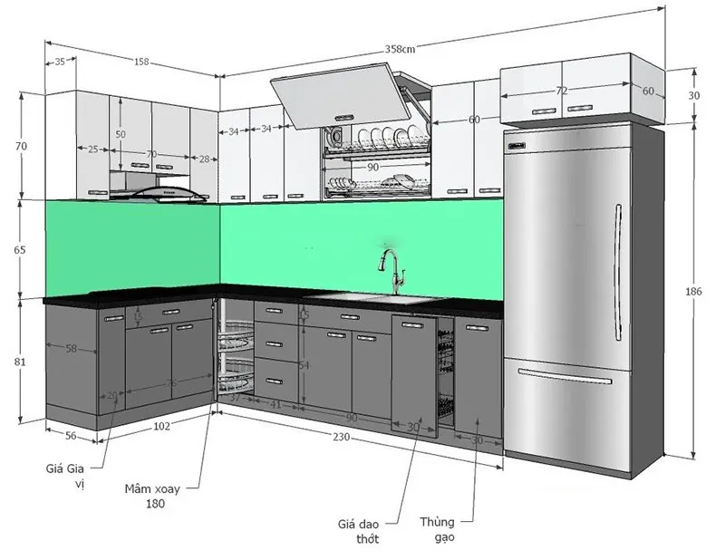 Kích thước tủ bếp tiêu chuẩn hiện nay là bao nhiêu?
