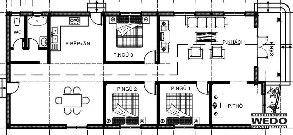 Mẫu nhà cấp 4 3 phòng ngủ 1 phòng thờ đầy đủ tiện nghi ở Vĩnh Phúc