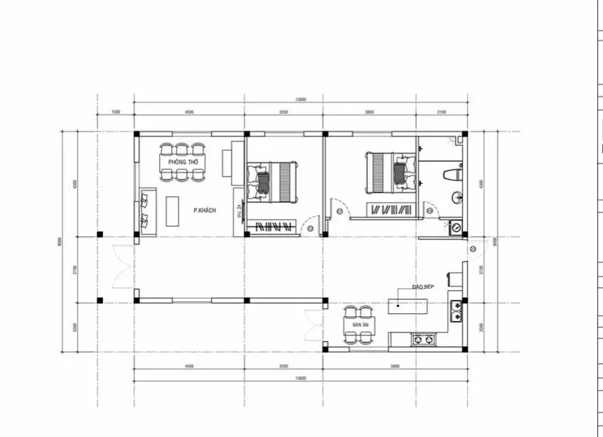 Mẫu nhà cấp 4 chữ l 2 phòng ngủ 1 phòng thờ đầy đủ, tiện nghi