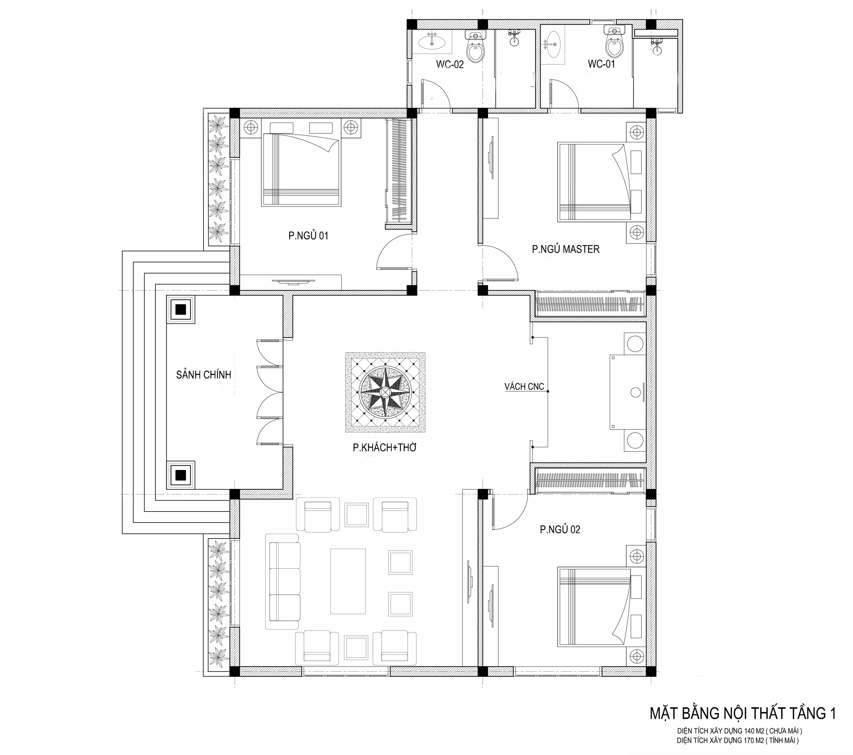 Mẫu nhà mái thái 1 tầng 3 phòng ngủ diện tích 140m2