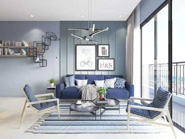 Mẫu nội thất phòng khách màu xanh dương giúp cân bằng cuộc sống