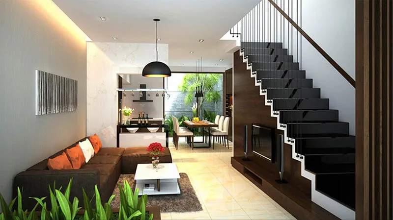 Mẫu thiết kế phòng khách và bếp chung cho nhà phố và chung cư