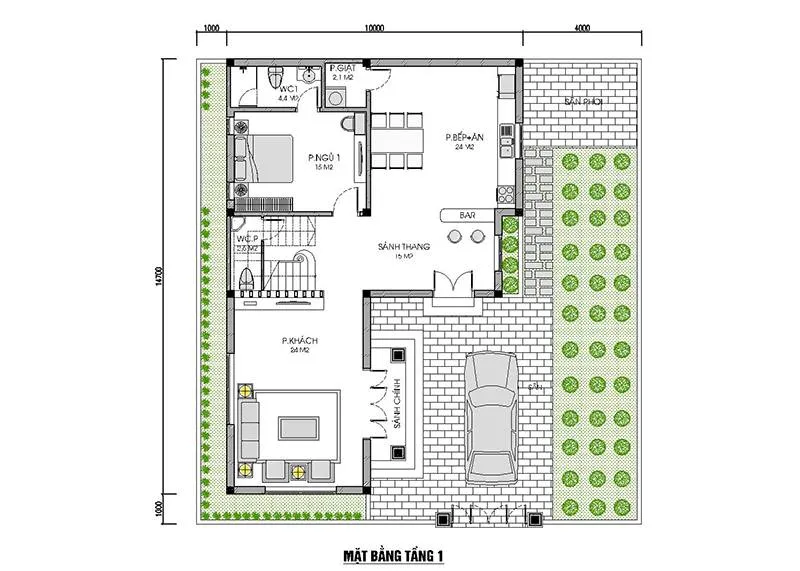 Thiết kế mẫu nhà chữ l 2 tầng mái thái 4 phòng ngủ 1 phòng thờ