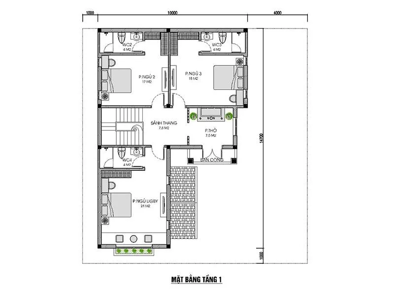 Thiết kế mẫu nhà chữ l 2 tầng mái thái 4 phòng ngủ 1 phòng thờ