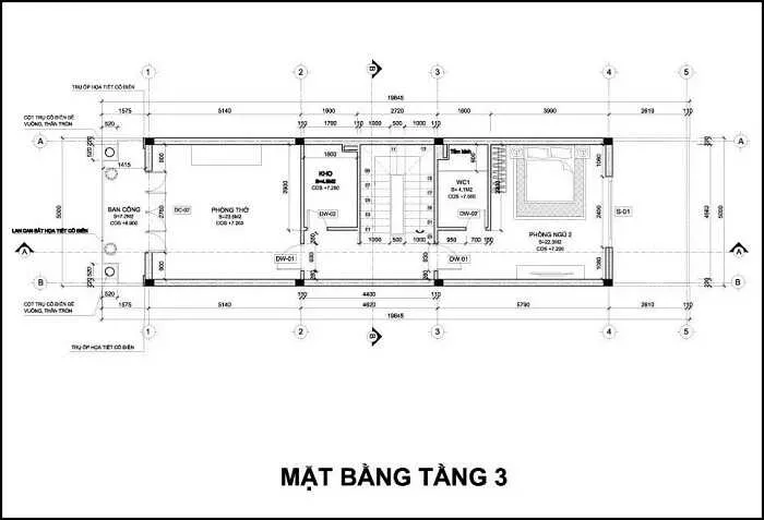 Thiết kế nhà 3 tầng 5x25m 3 phòng ngủ 1 phòng thờ