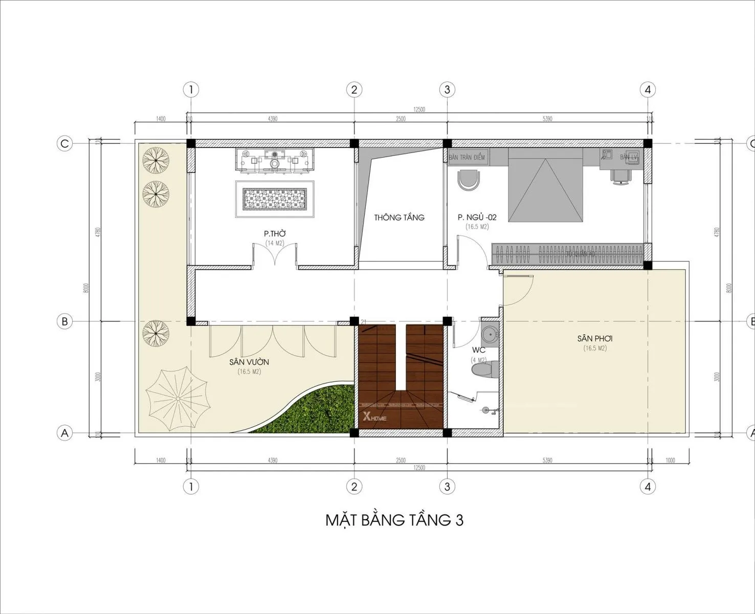 Thiết kế nhà 3 tầng mái bằng có ga ra ở phố