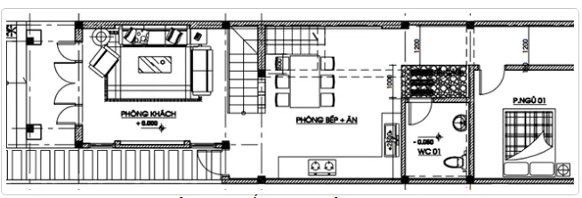 Thiết kế nhà cấp 4 có gác lửng 3 phòng ngủ 5x20m