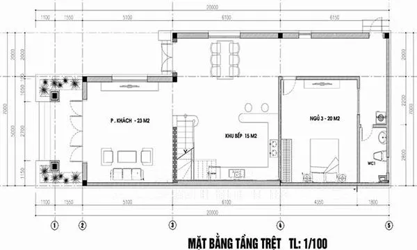 Thiết kế nhà cấp 4 có gác lửng 5x15m