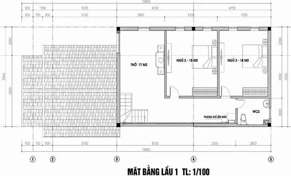 Thiết kế nhà cấp 4 có gác lửng 5x15m