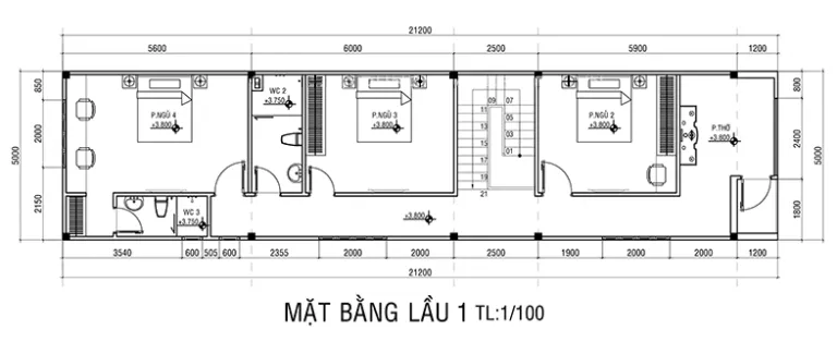 Thiết kế thi công nhà ống 2 tầng 4 phòng ngủ 1 phòng thờ 800 triệu