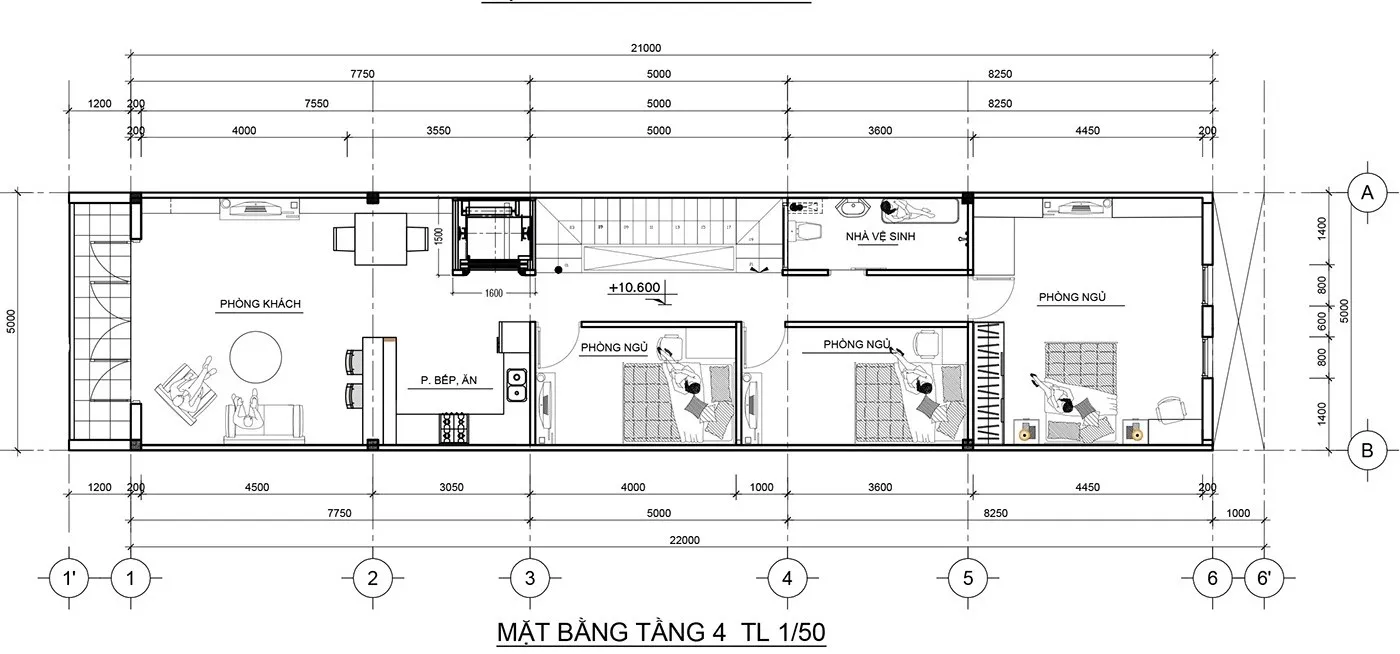 Thiết kế văn phòng cho thuê kết hợp nhà ở 4 tầng diện tích 5x22m