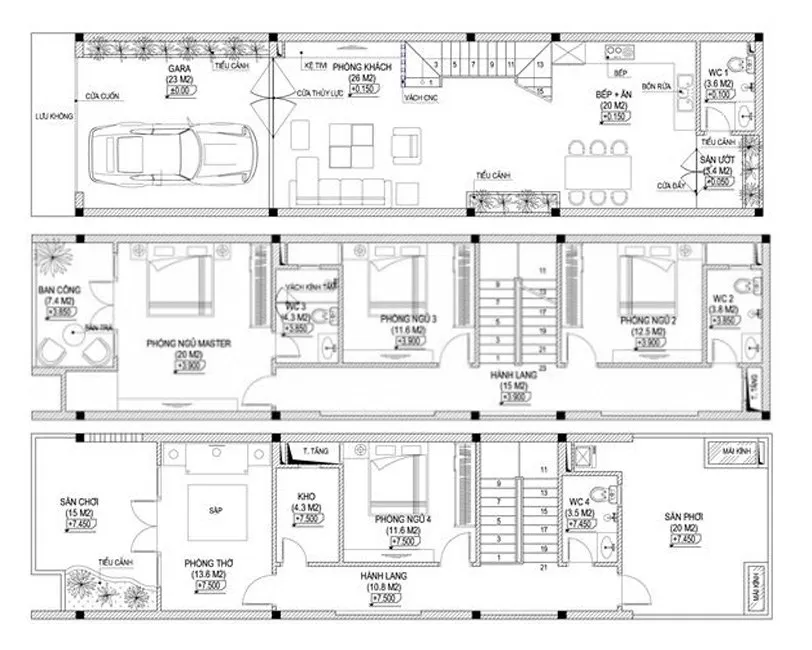 Tư vấn thiết kế nhà ống 3 tầng 3x15m mặt tiền hẹp đẹp tối ưu